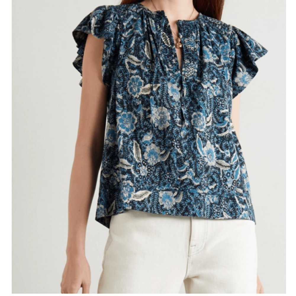 Ulla Johnson Blue Floral Ruffle Sleeve Blouse